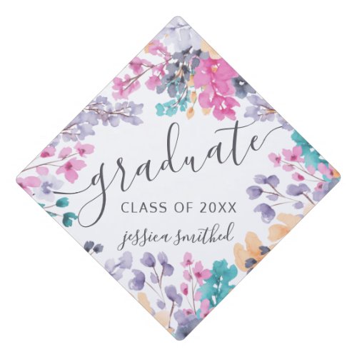 Wild floral watercolor typography graduate graduation cap topper
