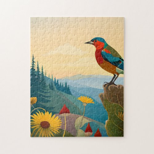 Wild Florals with the Finch in Mountain Landscape Jigsaw Puzzle