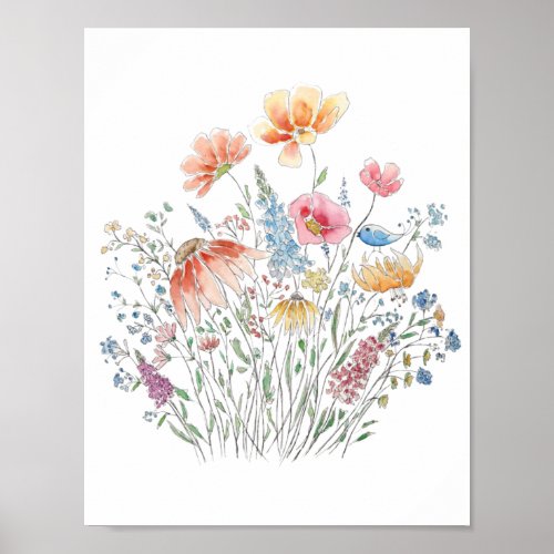 wild flower bouquet and blue bird_line and waterco poster