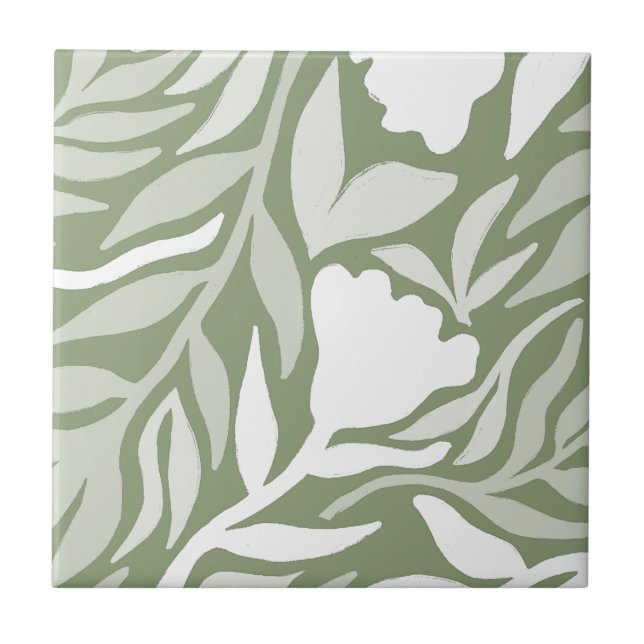Wild Flower Cascade White & Moss Green HD Ceramic Tile (Front)