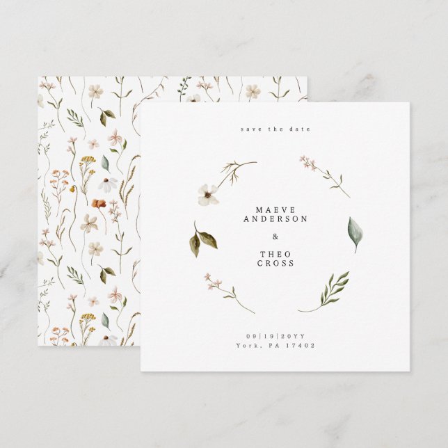  Wild flower floral elegant minimal save the date (Front/Back)