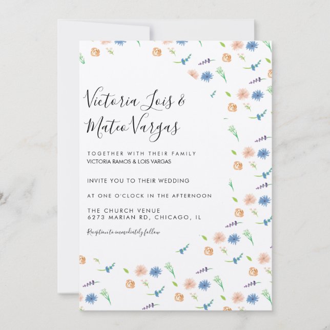 Wild Flower Floral Greenery Watercolor Wedding  Invitation (Front)