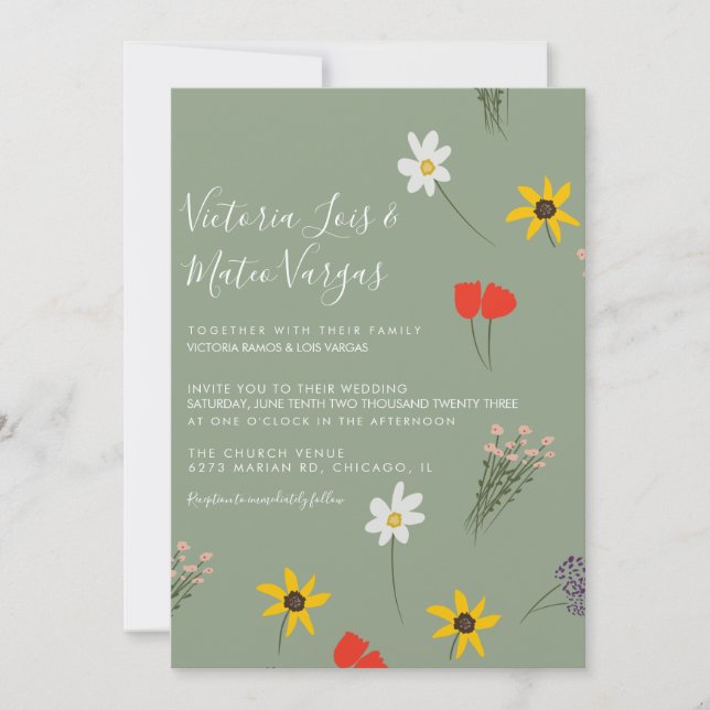 Wild Flower Floral Greenery Wedding Sage Green Invitation (Front)