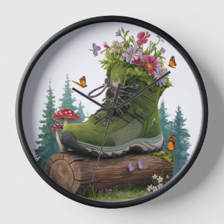 Wild flower hiking boots clock
