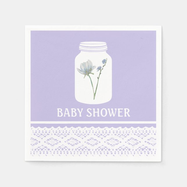 Wild Flower Mason Jar and Lace Baby Shower Paper Napkins (Front)