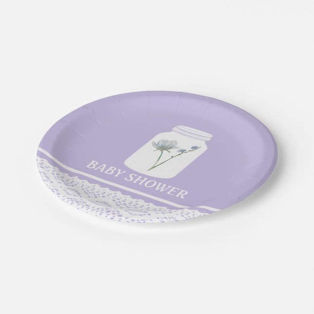Wild Flower Mason Jar and Lace Baby Shower Paper Plates (Angled)