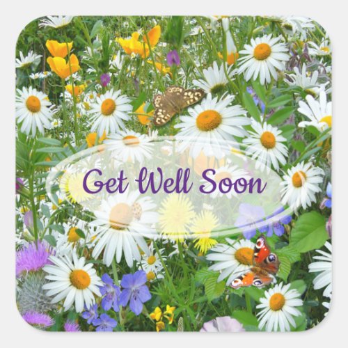 Wild Flower Meadow Get Well Greeting Square Sticker
