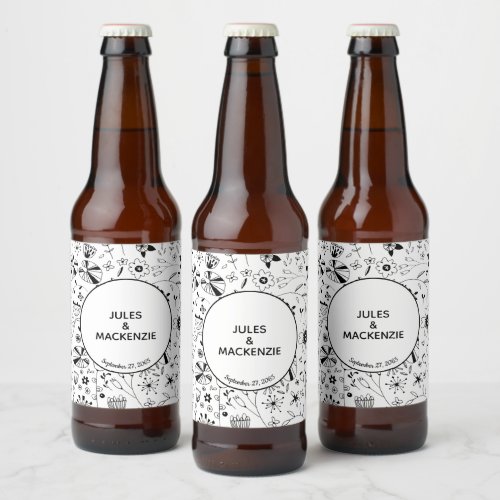 Wild Flower Monochrome Modern Beer Bottle Label