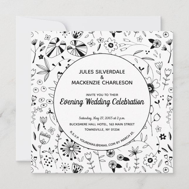 Wild Flower Monochrome Modern Evening Invitation (Front)