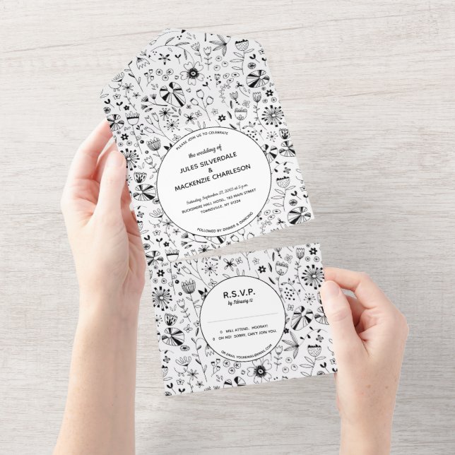 Wild Flower Monochrome Modern Wedding All In One Invitation (Tearaway)