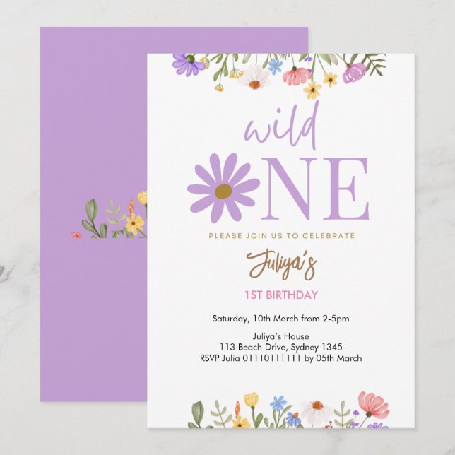 wild flower purple 1st Birthday   Invitation (Front/Back)