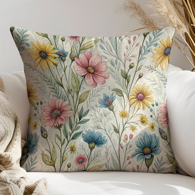 Wild flower Throw Pillow Pastel Gift for New Nest (Wild flower Throw Pillow Pastel Gift for New Nest)