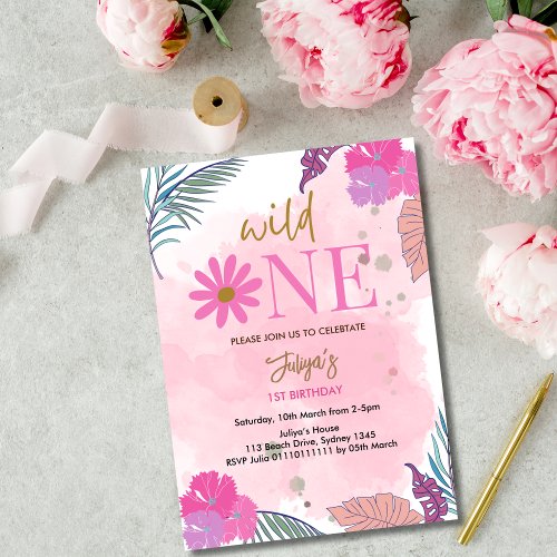 Wild flower tropical leaf baby girl 1st Birthday   Invitation