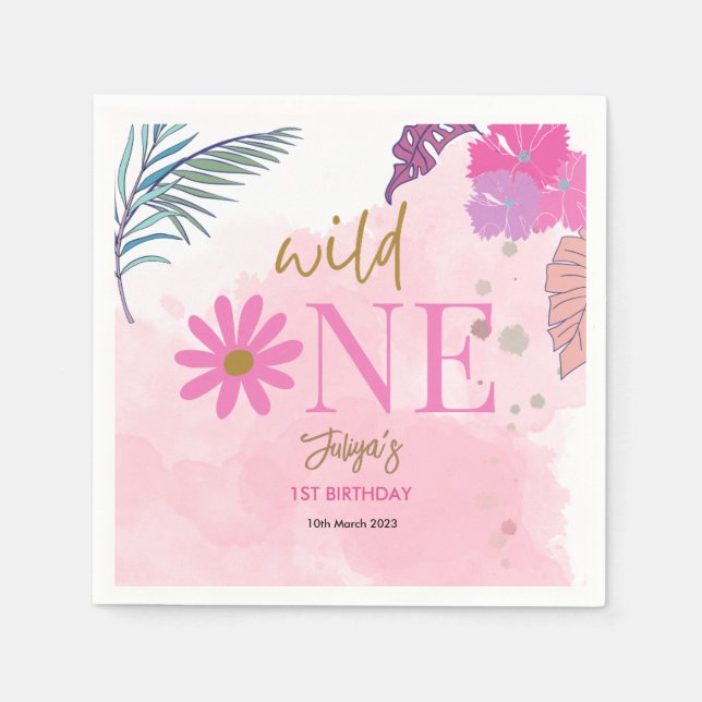 Wild flower tropical leaf baby girl 1st Birthday   Napkins (Front)
