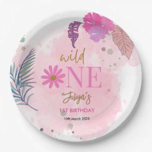 Wild flower tropical leaf baby girl 1st Birthday   Paper Plates