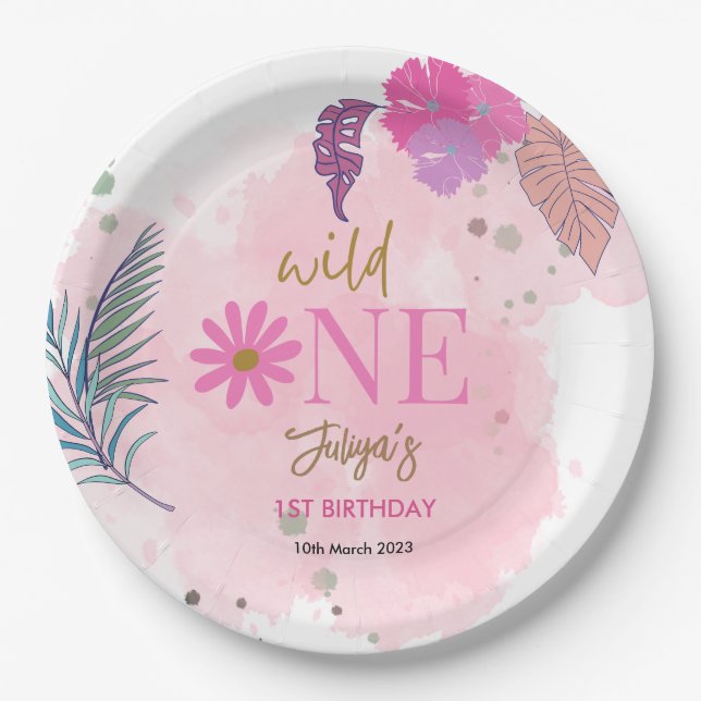 Wild flower tropical leaf baby girl 1st Birthday   Paper Plates (Front)