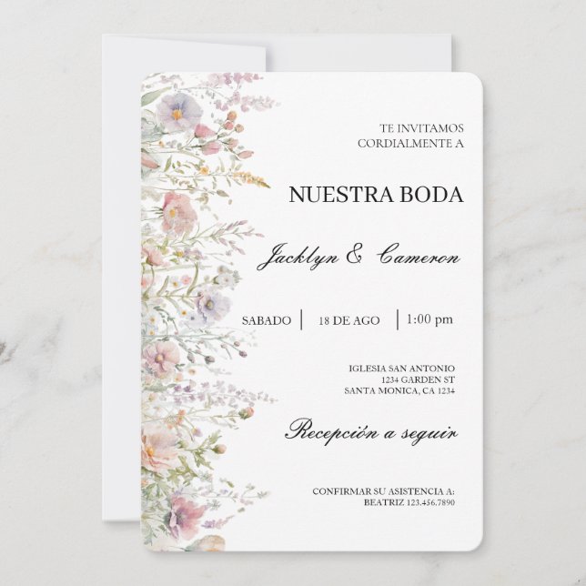 Wild flower water color Spanish Wedding Invitation (Front)