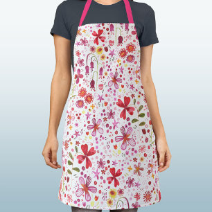 Wild Flower Watercolor Botanical Pink Red White Apron