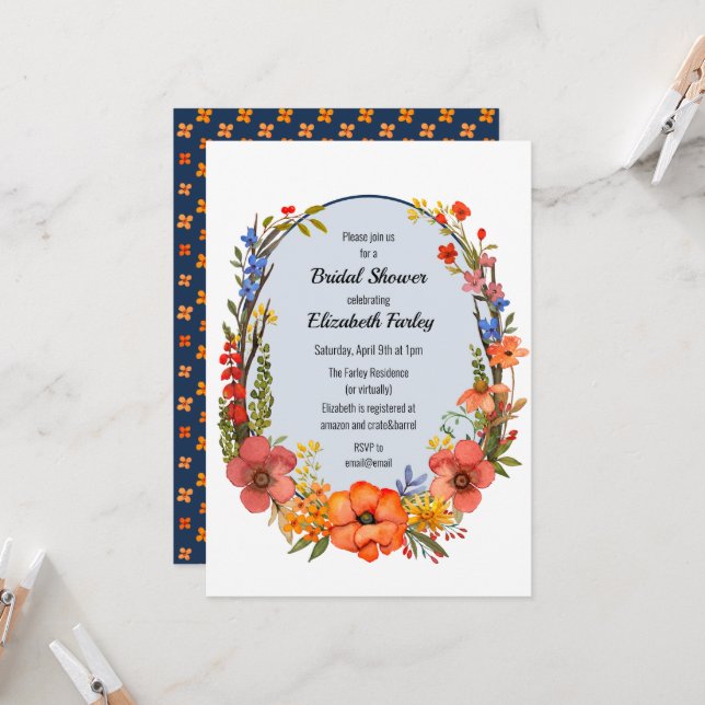 Wild flower wreath bridal shower invitation (Front/Back In Situ)