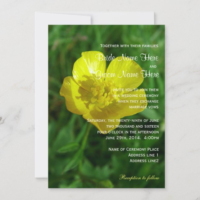 Wild flower yellow buttercup summer wedding invitation (Front)