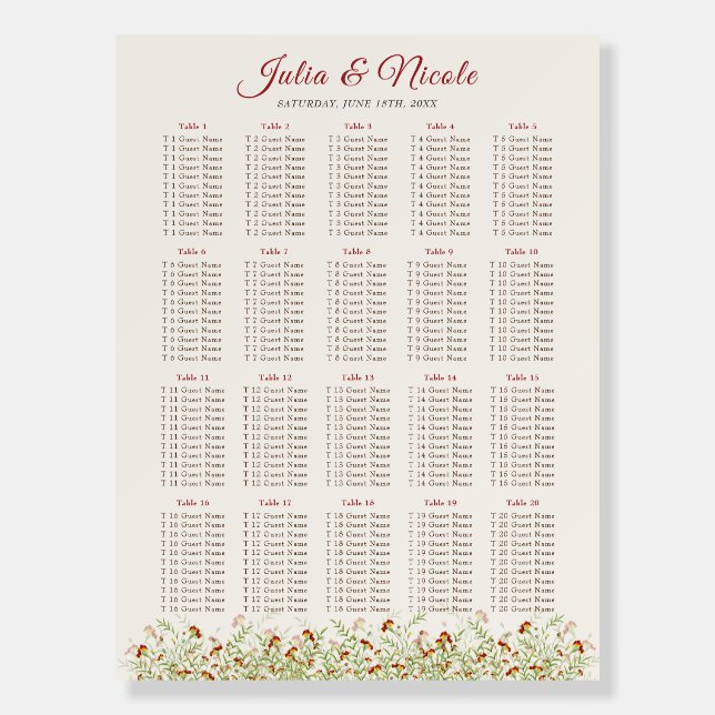 Wild Flower Yellow Marigold Foliage Wedding Foam Board (Front)