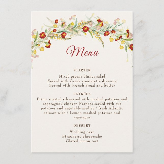 Wild Flower Yellow Marigold Foliage Wedding Menu (Front)