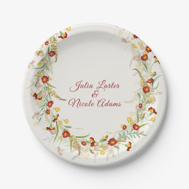 Wild Flower Yellow Marigold Foliage Wedding Paper Plates (Front)