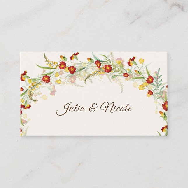 Wild Flower Yellow Marigold Foliage Wedding Place Card (Front)