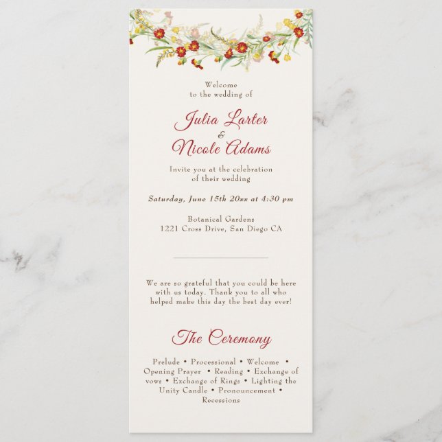 Wild Flower Yellow Marigold Foliage Wedding Program (Front)