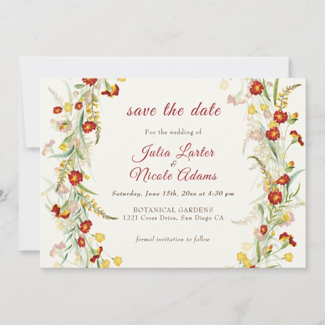 Wild Flower Yellow Marigold Foliage Wedding Save The Date (Front)