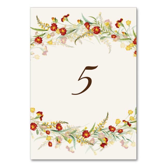 Wild Flower Yellow Marigold Foliage Wedding Table Number (Front)