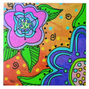 Wild Flowers Abstract Digital Painting Ceramic Tile