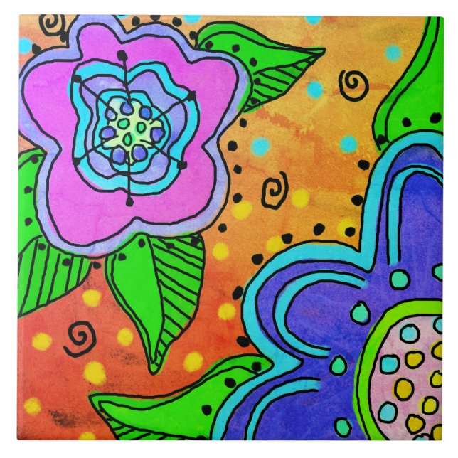 Wild Flowers Abstract Digital Painting Ceramic Tile (Front)