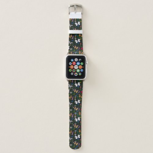 Wild flowers and butterflies on black apple watch band