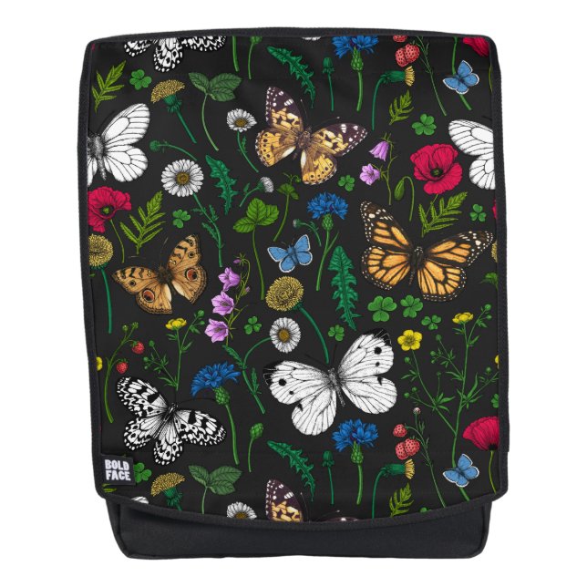Wild flowers and butterflies on black backpack (Front)