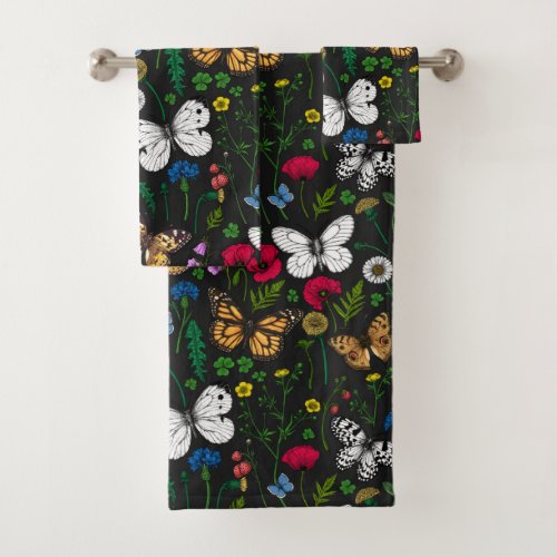 Wild flowers and butterflies on black bath towel set