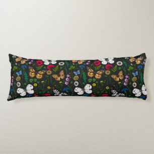 Wild flowers and butterflies on black body pillow