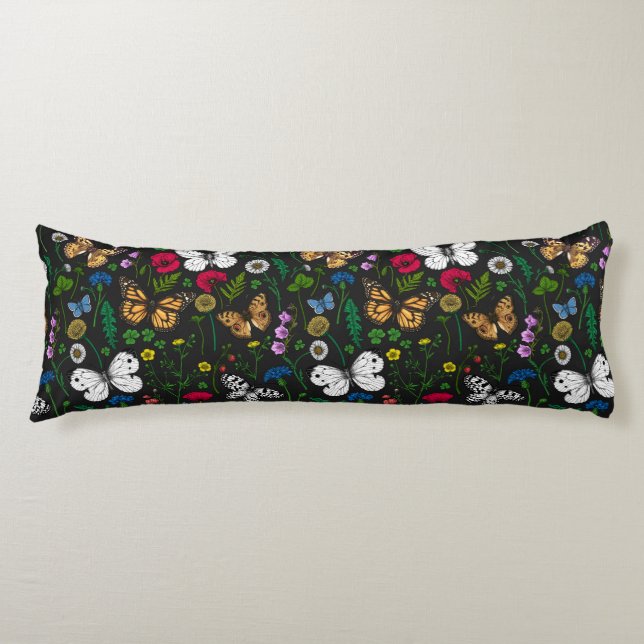 Wild flowers and butterflies on black body pillow (Front)