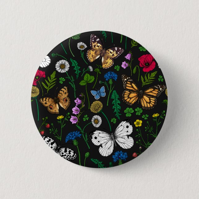 Wild flowers and butterflies on black button (Front)