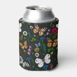 Wild flowers and butterflies on black can cooler