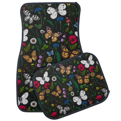 Wild flowers and butterflies on black car floor mat