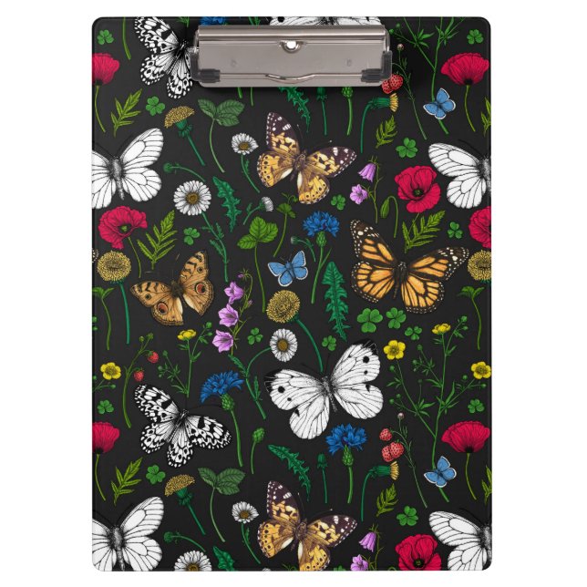 Wild flowers and butterflies on black clipboard (Front)