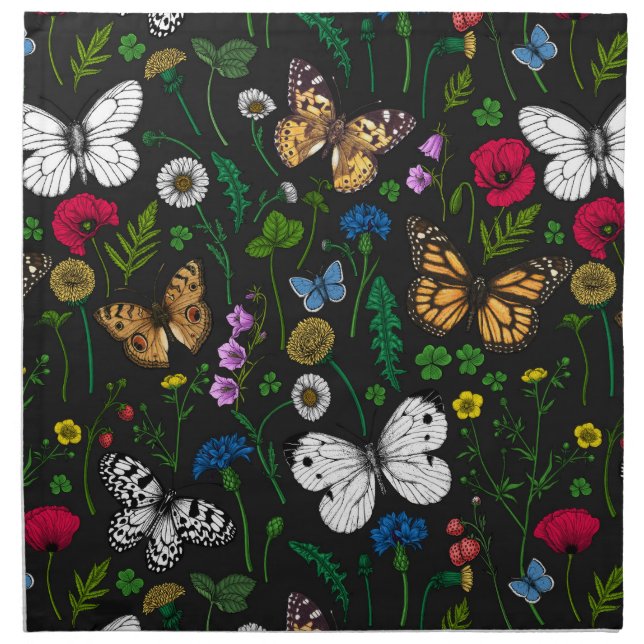 Wild flowers and butterflies on black cloth napkin (Front)