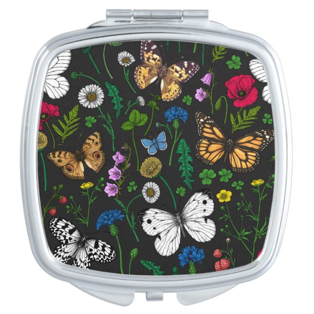 Wild flowers and butterflies on black compact mirror (Front)