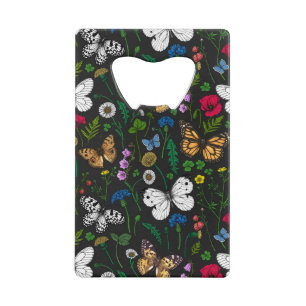 Wild flowers and butterflies on black credit card bottle opener