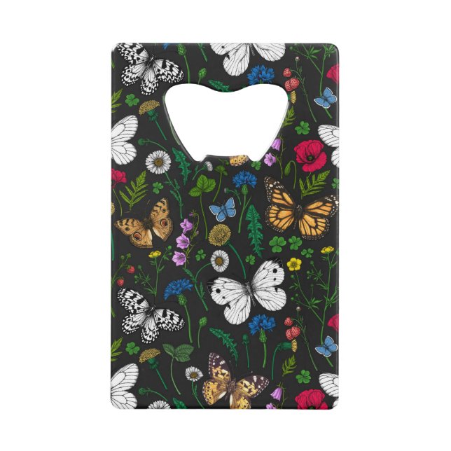 Wild flowers and butterflies on black credit card bottle opener (Front)