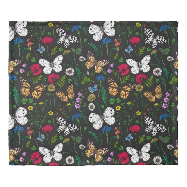 Wild flowers and butterflies on black duvet cover (Front)