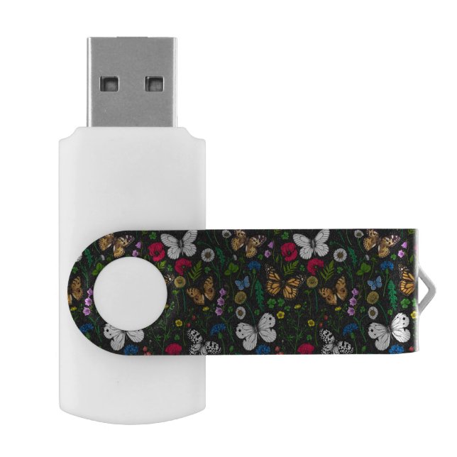 Wild flowers and butterflies on black flash drive (Opened)