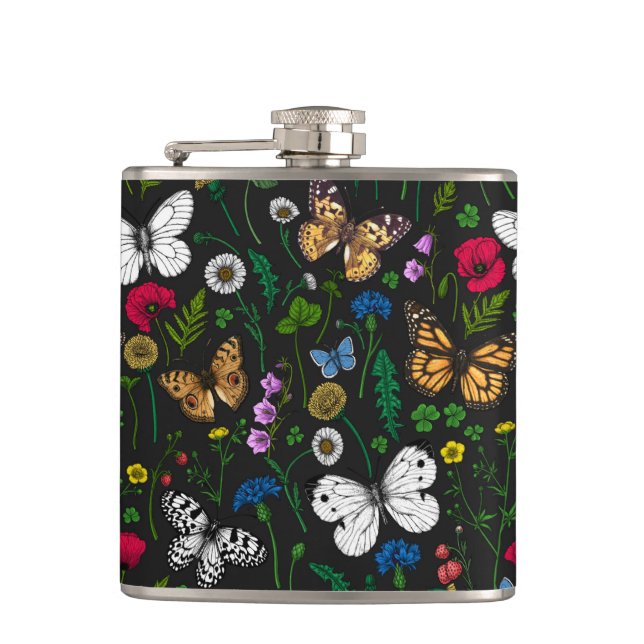 Wild flowers and butterflies on black flask (Front)