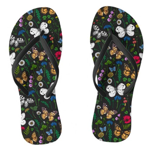 Wild flowers and butterflies on black flip flops
